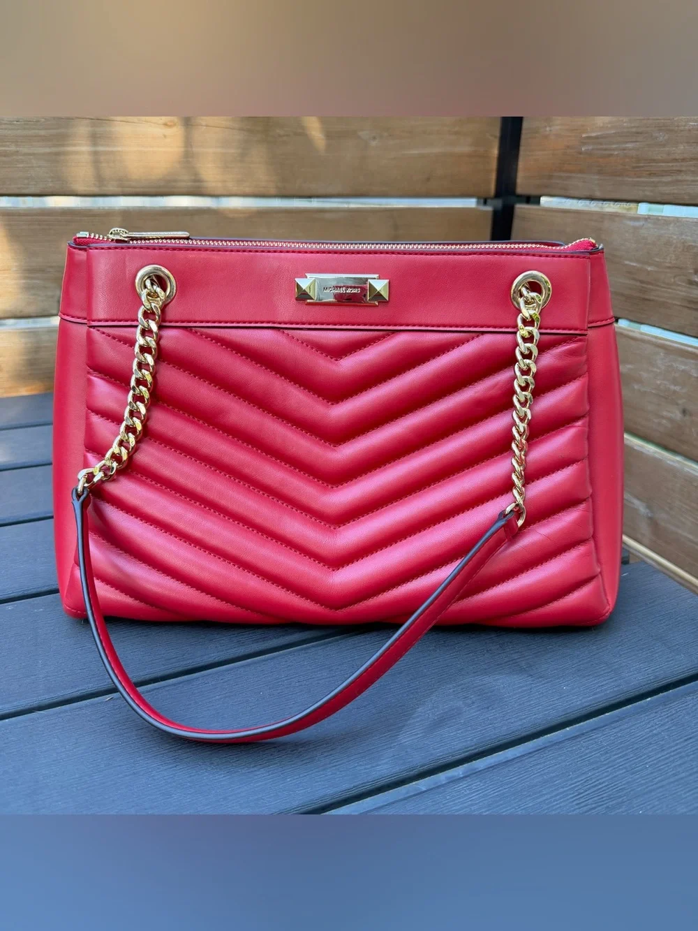 Michael Kors Whitney Medium Quilted Tote Red Gold Chain Shoulder Bag
